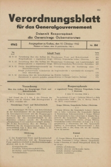 Verordnungsblatt für das Generalgouvernement = Dziennik Rozporządzeń dla Generalnego Gubernatorstwa. 1942, Nr. 84 (10 Oktober)