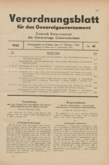 Verordnungsblatt für das Generalgouvernement = Dziennik Rozporządzeń dla Generalnego Gubernatorstwa. 1942, Nr. 87 (17 Oktober)