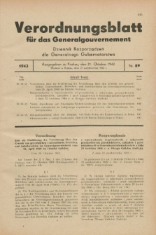 Verordnungsblatt für das Generalgouvernement = Dziennik Rozporządzeń dla Generalnego Gubernatorstwa. 1942, Nr. 89 (21 Oktober)