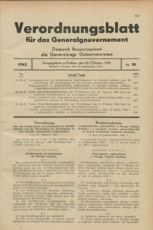 Verordnungsblatt für das Generalgouvernement = Dziennik Rozporządzeń dla Generalnego Gubernatorstwa. 1942, Nr. 91 (30 Oktober)