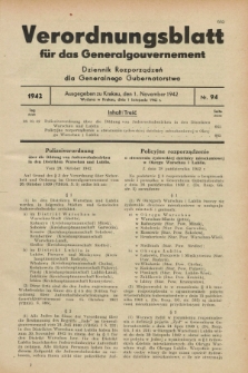 Verordnungsblatt für das Generalgouvernement = Dziennik Rozporządzeń dla Generalnego Gubernatorstwa. 1942, Nr. 94 (1 November)