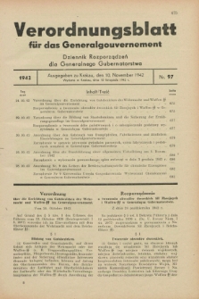 Verordnungsblatt für das Generalgouvernement = Dziennik Rozporządzeń dla Generalnego Gubernatorstwa. 1942, Nr. 97 (10 November)