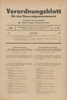 Verordnungsblatt für das Generalgouvernement = Dziennik Rozporządzeń dla Generalnego Gubernatorstwa. 1942, Nr. 98 (14 November)