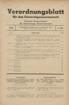 Verordnungsblatt für das Generalgouvernement = Dziennik Rozporządzeń dla Generalnego Gubernatorstwa. 1942, Nr. 104 (10 Dezember)