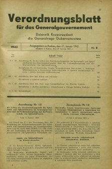 Verordnungsblatt für das Generalgouvernement = Dziennik Rozporządzeń dla Generalnego Gubernatorstwa. 1943, Nr. 4 (27 Januar)