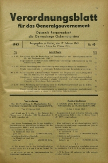 Verordnungsblatt für das Generalgouvernement = Dziennik Rozporządzeń dla Generalnego Gubernatorstwa. 1943, Nr. 10 (17 Februar)