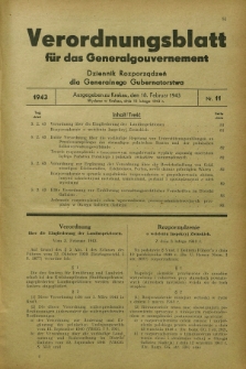 Verordnungsblatt für das Generalgouvernement = Dziennik Rozporządzeń dla Generalnego Gubernatorstwa. 1943, Nr. 11 (18 Februar)