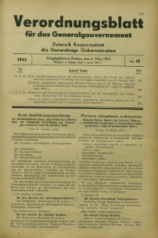 Verordnungsblatt für das Generalgouvernement = Dziennik Rozporządzeń dla Generalnego Gubernatorstwa. 1943, Nr. 15 (6 März)