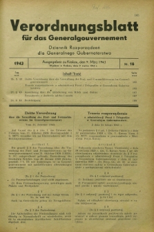 Verordnungsblatt für das Generalgouvernement = Dziennik Rozporządzeń dla Generalnego Gubernatorstwa. 1943, Nr. 16 (9 März)