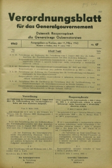 Verordnungsblatt für das Generalgouvernement = Dziennik Rozporządzeń dla Generalnego Gubernatorstwa. 1943, Nr. 17 (11 März)