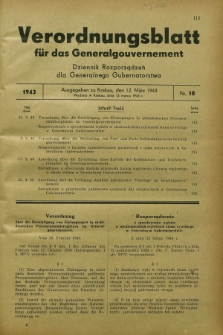 Verordnungsblatt für das Generalgouvernement = Dziennik Rozporządzeń dla Generalnego Gubernatorstwa. 1943, Nr. 18 (12 März)
