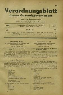 Verordnungsblatt für das Generalgouvernement = Dziennik Rozporządzeń dla Generalnego Gubernatorstwa. 1943, Nr. 20 (19 März)