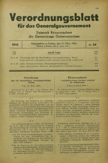 Verordnungsblatt für das Generalgouvernement = Dziennik Rozporządzeń dla Generalnego Gubernatorstwa. 1943, Nr. 24 (31 März)