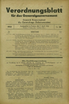 Verordnungsblatt für das Generalgouvernement = Dziennik Rozporządzeń dla Generalnego Gubernatorstwa. 1943, Nr. 26 (1 April)