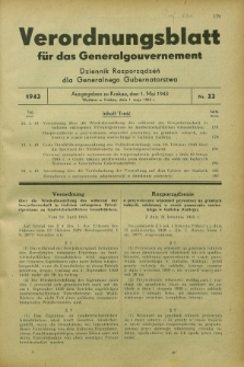 Verordnungsblatt für das Generalgouvernement = Dziennik Rozporządzeń dla Generalnego Gubernatorstwa. 1943, Nr. 32 (1 Mai)