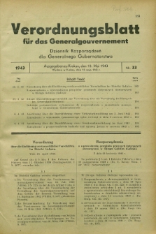 Verordnungsblatt für das Generalgouvernement = Dziennik Rozporządzeń dla Generalnego Gubernatorstwa. 1943, Nr. 33 (10 Mai)