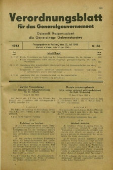 Verordnungsblatt für das Generalgouvernement = Dziennik Rozporządzeń dla Generalnego Gubernatorstwa. 1943, Nr. 54 (20 Juli)