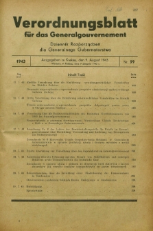 Verordnungsblatt für das Generalgouvernement = Dziennik Rozporządzeń dla Generalnego Gubernatorstwa. 1943, Nr. 59 (9 August)