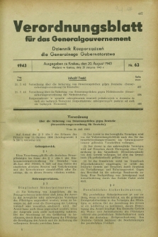 Verordnungsblatt für das Generalgouvernement = Dziennik Rozporządzeń dla Generalnego Gubernatorstwa. 1943, Nr. 62 (20 August)