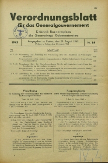 Verordnungsblatt für das Generalgouvernement = Dziennik Rozporządzeń dla Generalnego Gubernatorstwa. 1943, Nr. 64 (23 August)