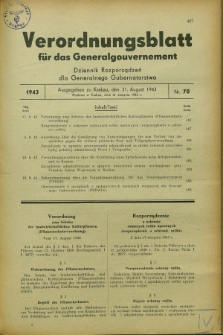 Verordnungsblatt für das Generalgouvernement = Dziennik Rozporządzeń dla Generalnego Gubernatorstwa. 1943, Nr. 70 (31 August)