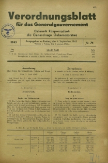 Verordnungsblatt für das Generalgouvernement = Dziennik Rozporządzeń dla Generalnego Gubernatorstwa. 1943, Nr. 71 (4 September)