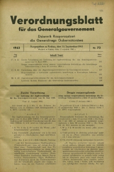 Verordnungsblatt für das Generalgouvernement = Dziennik Rozporządzeń dla Generalnego Gubernatorstwa. 1943, Nr. 73 (13 September)