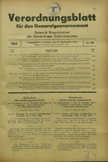 Verordnungsblatt für das Generalgouvernement = Dziennik Rozporządzeń dla Generalnego Gubernatorstwa. 1943, Nr. 74 (14 September)