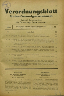 Verordnungsblatt für das Generalgouvernement = Dziennik Rozporządzeń dla Generalnego Gubernatorstwa. 1943, Nr. 75 (20 September)