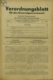 Verordnungsblatt für das Generalgouvernement = Dziennik Rozporządzeń dla Generalnego Gubernatorstwa. 1943, Nr. 82 (9 October)