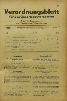 Verordnungsblatt für das Generalgouvernement = Dziennik Rozporządzeń dla Generalnego Gubernatorstwa. 1943, Nr. 84 (18 October)