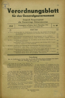 Verordnungsblatt für das Generalgouvernement = Dziennik Rozporządzeń dla Generalnego Gubernatorstwa. 1943, Nr. 87 (4 November)