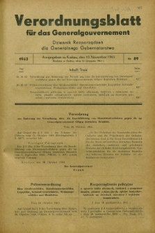 Verordnungsblatt für das Generalgouvernement = Dziennik Rozporządzeń dla Generalnego Gubernatorstwa. 1943, Nr. 89 (10 November)