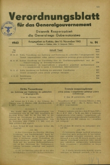 Verordnungsblatt für das Generalgouvernement = Dziennik Rozporządzeń dla Generalnego Gubernatorstwa. 1943, Nr. 91 (16 November)