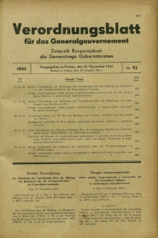 Verordnungsblatt für das Generalgouvernement = Dziennik Rozporządzeń dla Generalnego Gubernatorstwa. 1943, Nr. 92 (29 November)