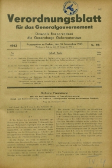 Verordnungsblatt für das Generalgouvernement = Dziennik Rozporządzeń dla Generalnego Gubernatorstwa. 1943, Nr. 93 (30 November)