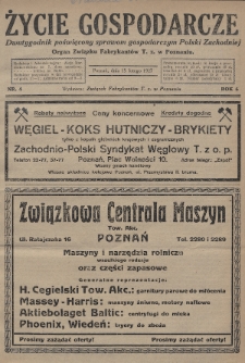 Życie Gospodarcze : dwutygodnik poświęcony sprawom gospodarczym Polski Zachodniej : organ Związku Fabrykantów T. Z. w Poznaniu. R. 6 (1927), nr 4