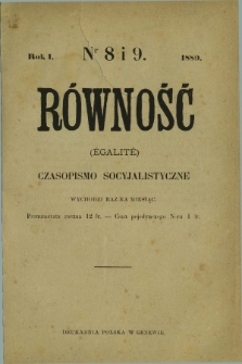 Równość = Égalité : czasopismo socyjalistyczne. R.1, No 8 i 9 (maj i czerwiec 1880)