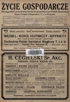 Życie Gospodarcze : dwutygodnik poświęcony sprawom gospodarczym Polski Zachodniej : organ Związku Fabrykantów T. Z. w Poznaniu. R. 8 (1929), nr 1