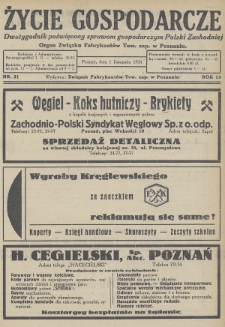 Życie Gospodarcze : dwutygodnik poświęcony sprawom gospodarczym Polski Zachodniej : organ Związku Fabrykantów Tow. zap. w Poznaniu. R. 13 (1934), nr 21