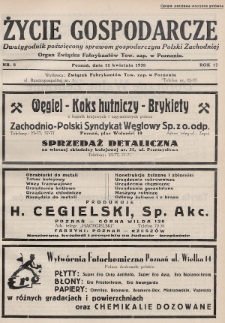 Życie Gospodarcze : dwutygodnik poświęcony sprawom gospodarczym Polski Zachodniej : organ Związku Fabrykantów Tow. zap. w Poznaniu. R. 17 (1938), nr 8