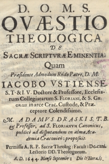 Qvæstio Theologica De Sacræ Scriptvræ Eminentia