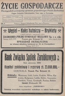 Życie Gospodarcze : dwutygodnik poświęcony sprawom gospodarczym Polski Zachodniej : organ Związku Fabrykantów Tow. zap. w Poznaniu. R. 10 (1931), nr 4