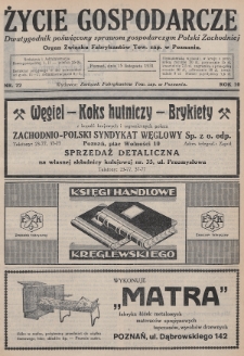 Życie Gospodarcze : dwutygodnik poświęcony sprawom gospodarczym Polski Zachodniej : organ Związku Fabrykantów Tow. zap. w Poznaniu. R. 10 (1931), nr 22