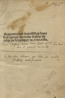 Repertorium in Postillam Nicolai de Lyra super Bibliam