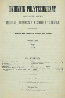 Dziennik Polytechniczny : zbiór wiadomości z postępu : inżenierji, budownictwa, mechaniki i technologji. [R.1], poszyt 5 (listopad 1860) + wkładka