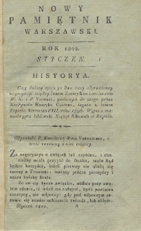 Nowy Pamiętnik Warszawski : dziennik historyczny, polityczny, tudzież nauk i umieiętności. 1802, Styczeń