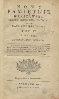 Nowy Pamiętnik Warszawski : dziennik historyczny, polityczny, tudzież nauk i umieiętności. 1802, T.6, Reiestr materyy : Kwiecień, Maj, Czerwiec