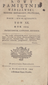 Nowy Pamiętnik Warszawski : dziennik historyczny, polityczny, tudzież nauk i umieiętności. 1805, T.20, Reiestr materyy : Październik, Listopad, Grudzień