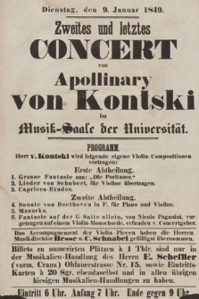 Dienstag den 9. Januar 1849 : zweites und letztes Concert von Apollinari von Kontski im Musik-Saale der Universität